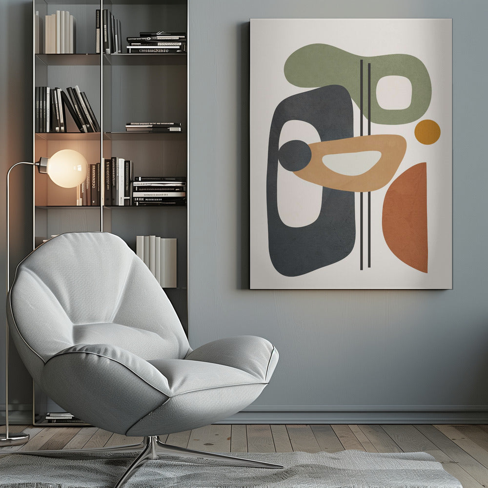 A framed abstract art piece featuring a collection of overlapping organic shapes in muted earth tones of sage green, dark grey, ochre, and terracotta. The shapes, some with cutouts, are arranged vertically against a light cream background, with three thin black vertical lines dissecting the composition. Poster