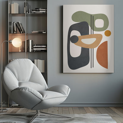 A framed abstract art piece featuring a collection of overlapping organic shapes in muted earth tones of sage green, dark grey, ochre, and terracotta. The shapes, some with cutouts, are arranged vertically against a light cream background, with three thin black vertical lines dissecting the composition. Poster
