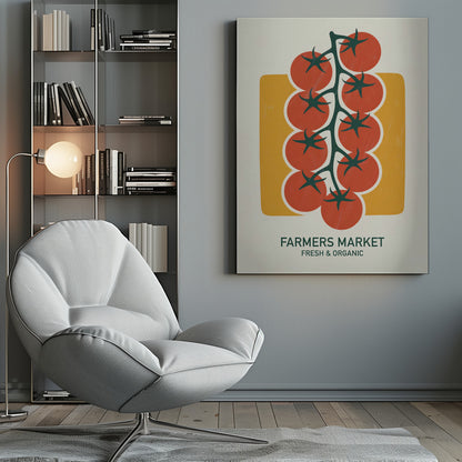 A vintage-style art print of bright red cherry tomatoes on a dark green vine, set against a mustard yellow rectangle on an off-white background. Below the image, text reads 'FARMERS MARKET' and 'FRESH & ORGANIC'. Decor