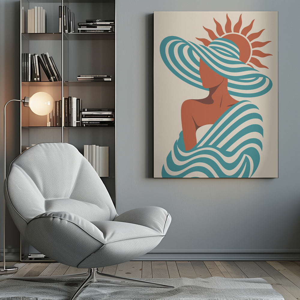 A minimalist art print of a faceless woman in a large, blue and white striped sun hat, wrapped in a matching striped shawl, with a stylized orange sun in the background against a cream-colored backdrop. Decor