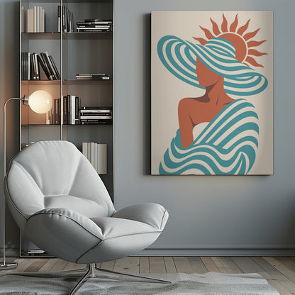 A minimalist art print of a faceless woman in a large, blue and white striped sun hat, wrapped in a matching striped shawl, with a stylized orange sun in the background against a cream-colored backdrop. Decor