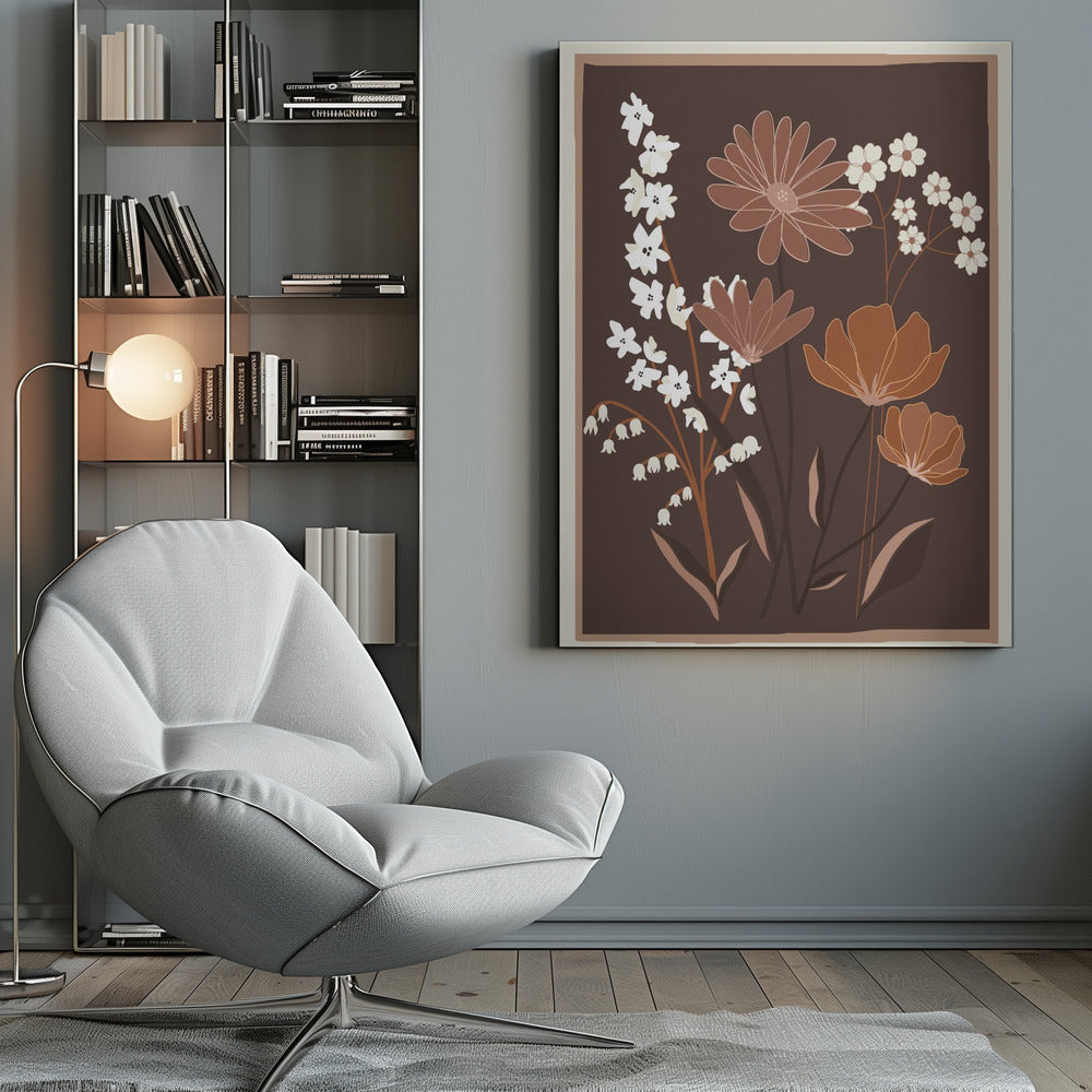 A minimalist floral illustration featuring a bouquet of stylized flowers in shades of brown, muted orange, and off-white, set against a dark chocolate brown background. The artwork is framed with a thin light brown and cream border. Decor