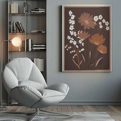 A minimalist floral illustration featuring a bouquet of stylized flowers in shades of brown, muted orange, and off-white, set against a dark chocolate brown background. The artwork is framed with a thin light brown and cream border. Decor