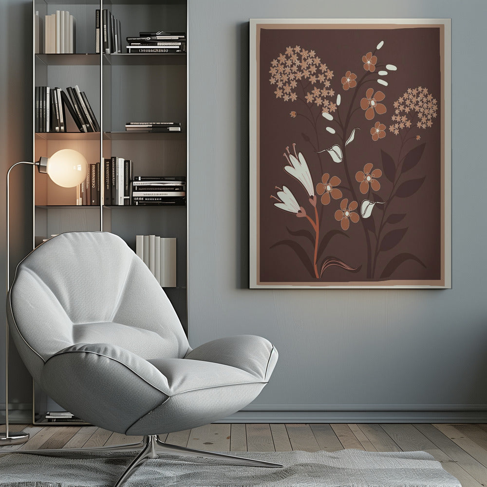 A modern botanical illustration featuring stylized flowers in shades of rust, cream, and light brown against a deep brown background. The framed artwork showcases a variety of floral shapes, including trumpet flowers and small clustered blossoms, in a simple, elegant composition. Artwork