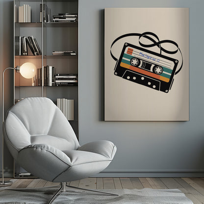 A retro-style illustration of a black cassette tape with an unspooled black magnetic tape looping behind it. The cassette has orange and teal stripes and is labeled 'Mixtape no 11' in blue handwriting, all set against a cream background and enclosed in a thin black frame. Print