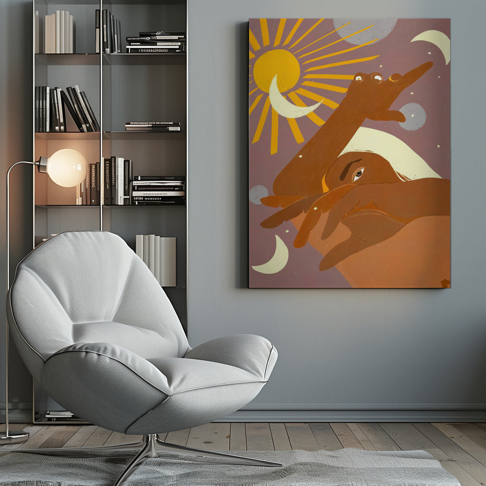 A stylized illustration of a brown-skinned person with light hair, partially obscuring their face. One arm reaches towards a radiant yellow sun, surrounded by crescent moons and planets against a dusky purple sky, creating a celestial and introspective scene. Artwork