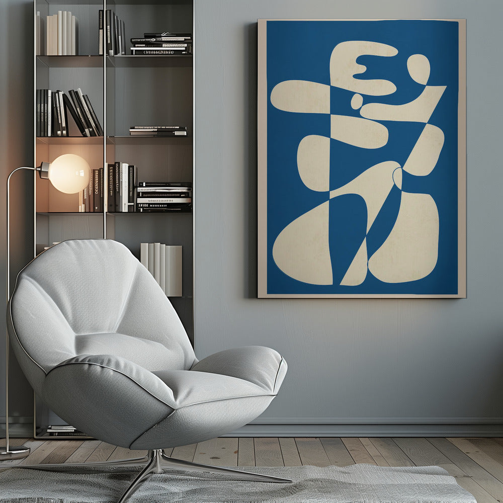 A modern abstract art print in a thin black frame. The composition features a bold royal blue background with a large, interlocking biomorphic shape in a creamy off-white color. The shape is fluid and complex, with soft curves and rounded forms that twist and connect throughout the frame. Decor