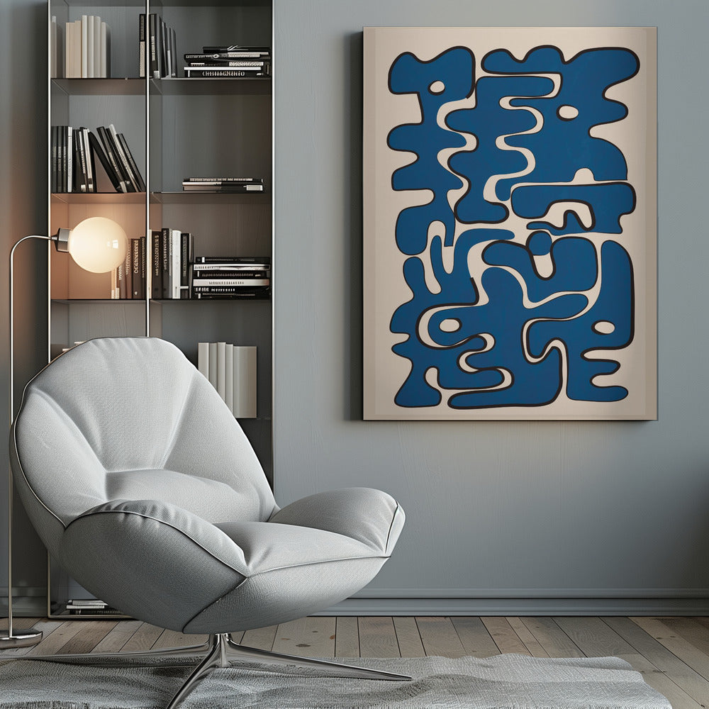 An abstract art print featuring a collection of bold, interlocking blue organic shapes with black outlines, creating a puzzle-like composition on a cream-colored background. The artwork is framed in black. Poster