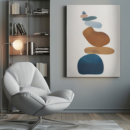 A minimalist abstract painting in a black frame, featuring a precarious stack of colorful, smooth, organic shapes resembling stones against a cream background. The colors range from a large dark blue at the base to brown, ochre, light blue, teal, and pink at the top. Poster