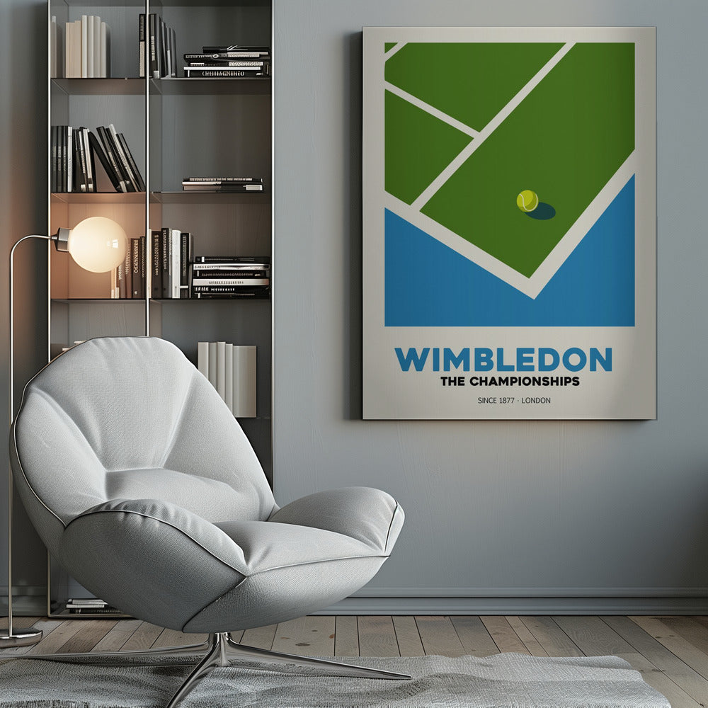 A minimalist art poster for the Wimbledon tennis championships. It features a stylized, high-angle view of a green grass court with white lines and a single tennis ball. The poster has text at the bottom that reads 'WIMBLEDON THE CHAMPIONSHIPS SINCE 1877 - LONDON' in blue and black font against a cream background. Poster