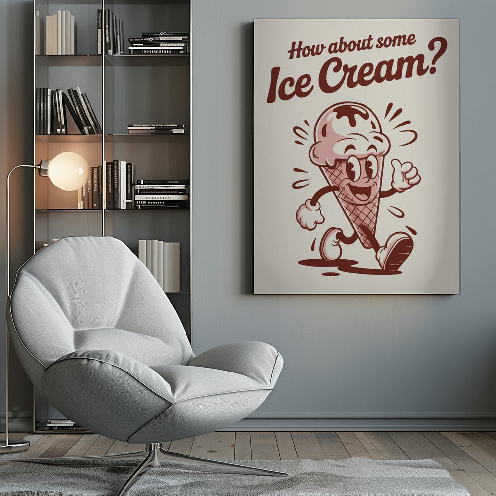 A vintage-style poster with a black frame featuring a cartoon ice cream cone. The character has a smiling face, arms, and legs, is walking, and gives a thumbs-up. Above it, the text reads 'How about some Ice Cream?' in a retro, reddish-brown font on an off-white background. Print