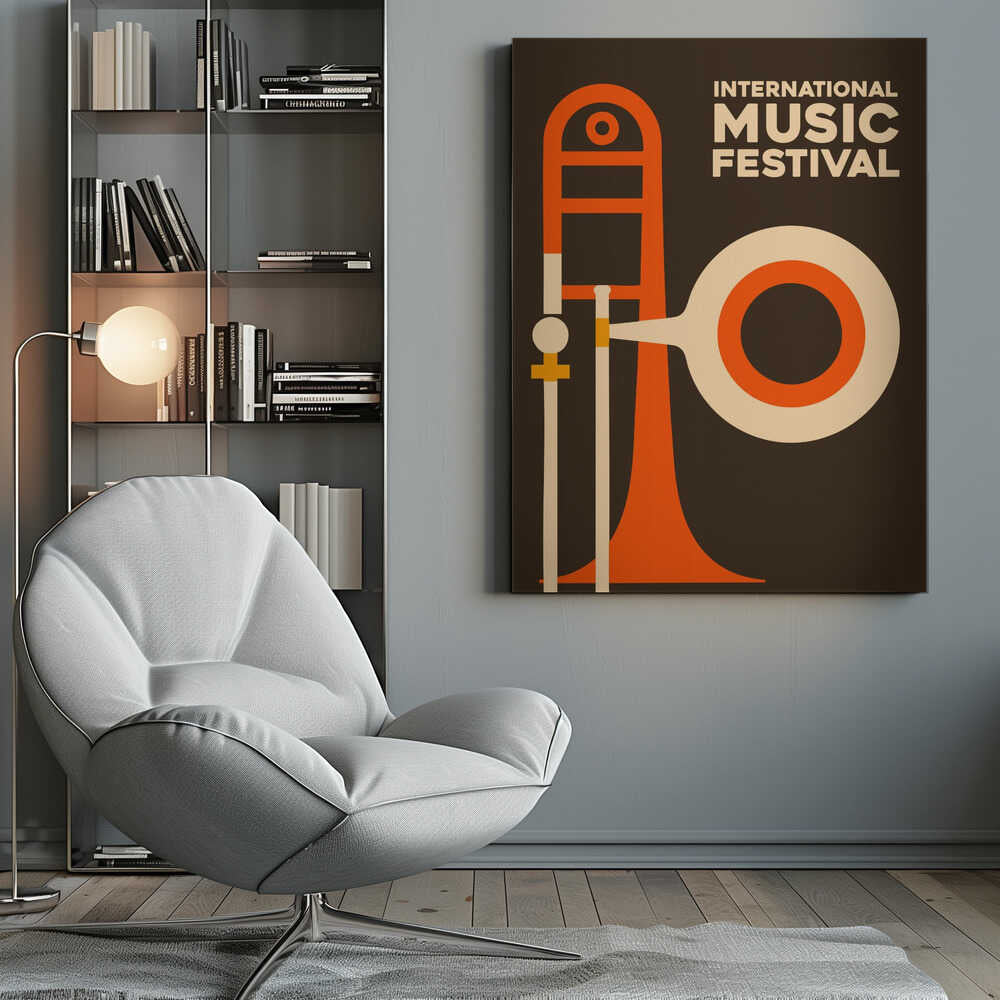 A vintage-style poster for an International Music Festival, featuring a minimalist graphic illustration of a trombone in orange and cream against a dark brown background. The text is in a cream-colored sans-serif font in the upper right. Poster