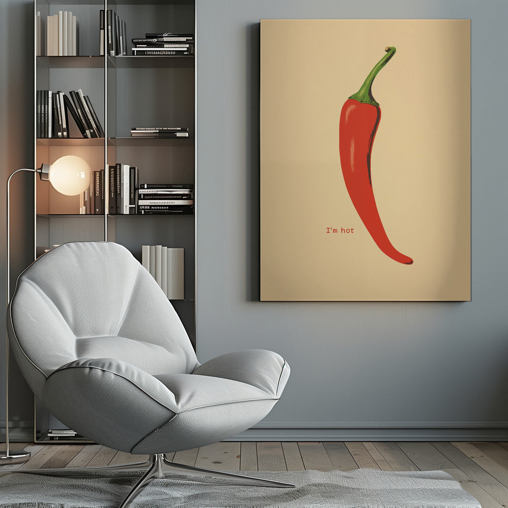 A minimalist poster in a black frame featuring a single, vibrant red chili pepper with a green stem against a cream background. Below the pepper, the text 'I'm hot' is printed in a simple font. Print