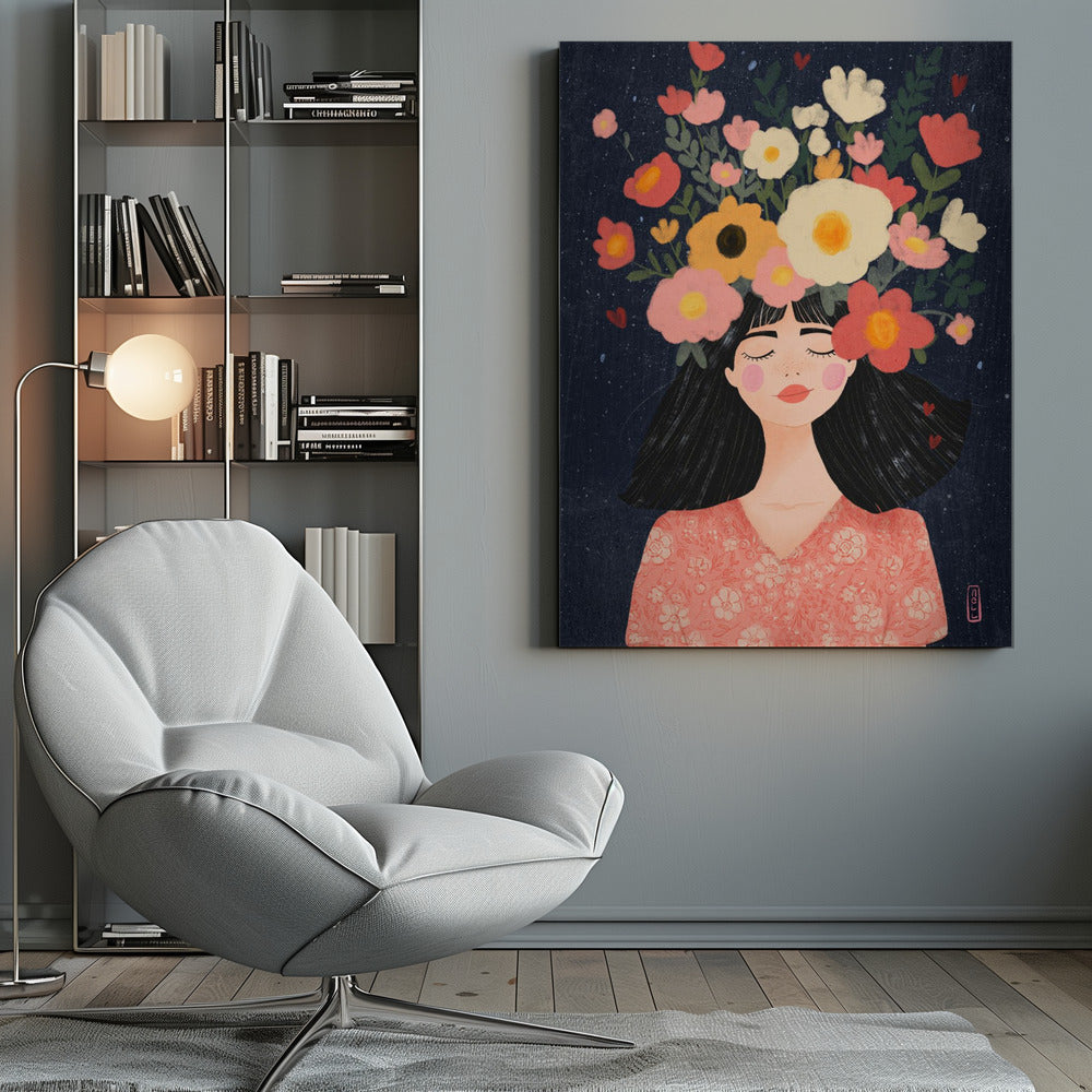 A stylized illustration of a woman with closed eyes and a peaceful smile. Her long black hair is topped with a vibrant crown of flowers in shades of pink, red, yellow, and white against a dark blue, starry background. Wall Art