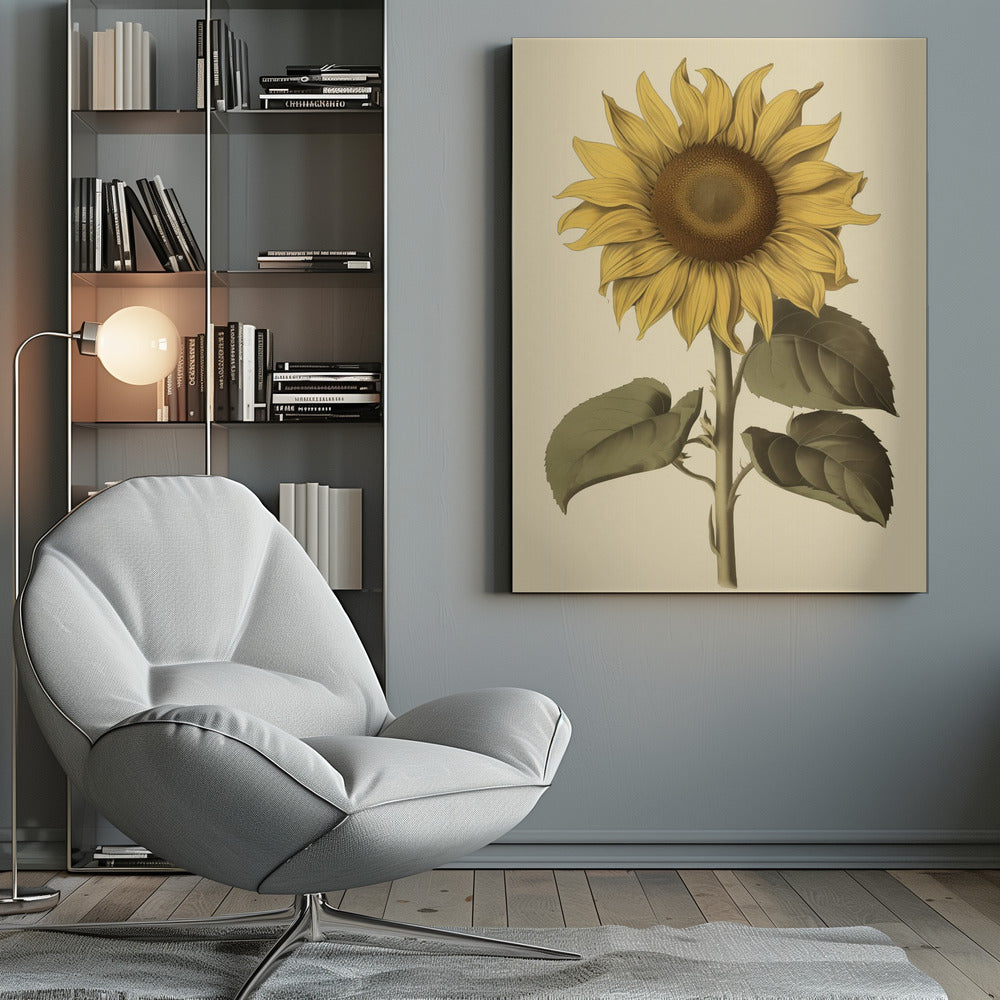 A vintage botanical illustration of a single large sunflower in a black frame. The flower has bright yellow petals, a detailed brown center, and is attached to a thick green stem with large leaves, all set against a cream background. Decor