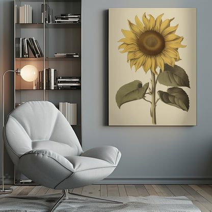 A vintage botanical illustration of a single large sunflower in a black frame. The flower has bright yellow petals, a detailed brown center, and is attached to a thick green stem with large leaves, all set against a cream background. Decor