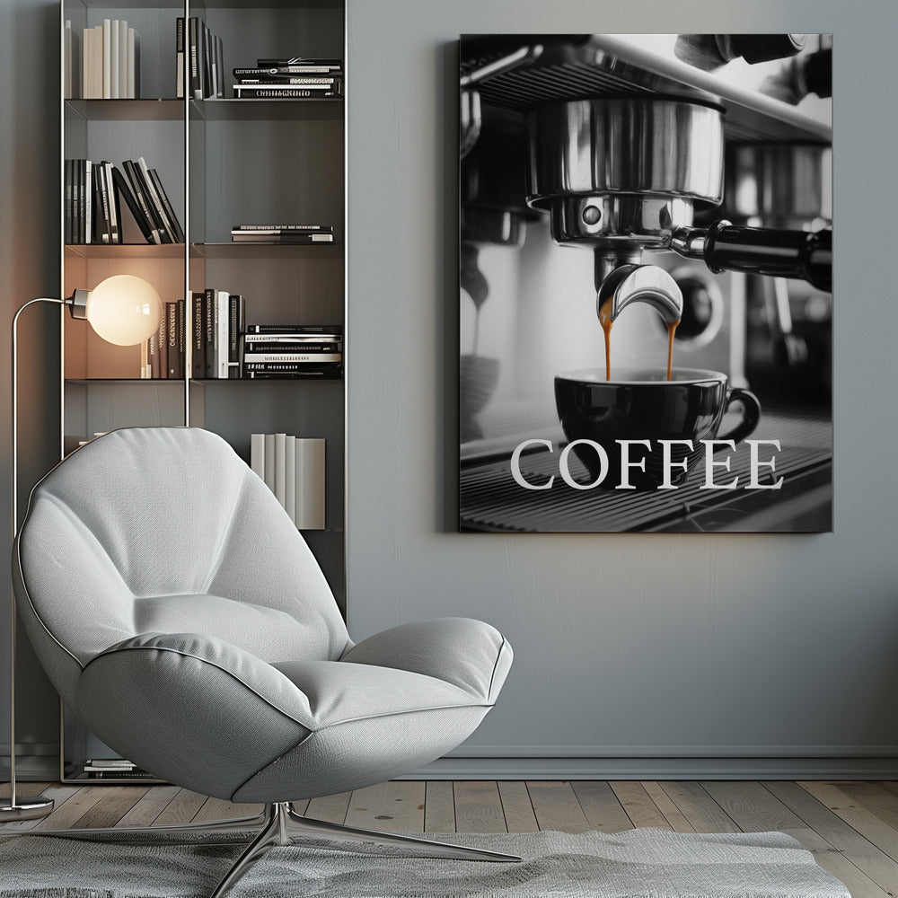 A selective color, black and white close-up photograph of an espresso machine pouring two streams of rich brown espresso into a black coffee cup. The word 'COFFEE' is overlaid in large white capital letters at the bottom of the image. Poster