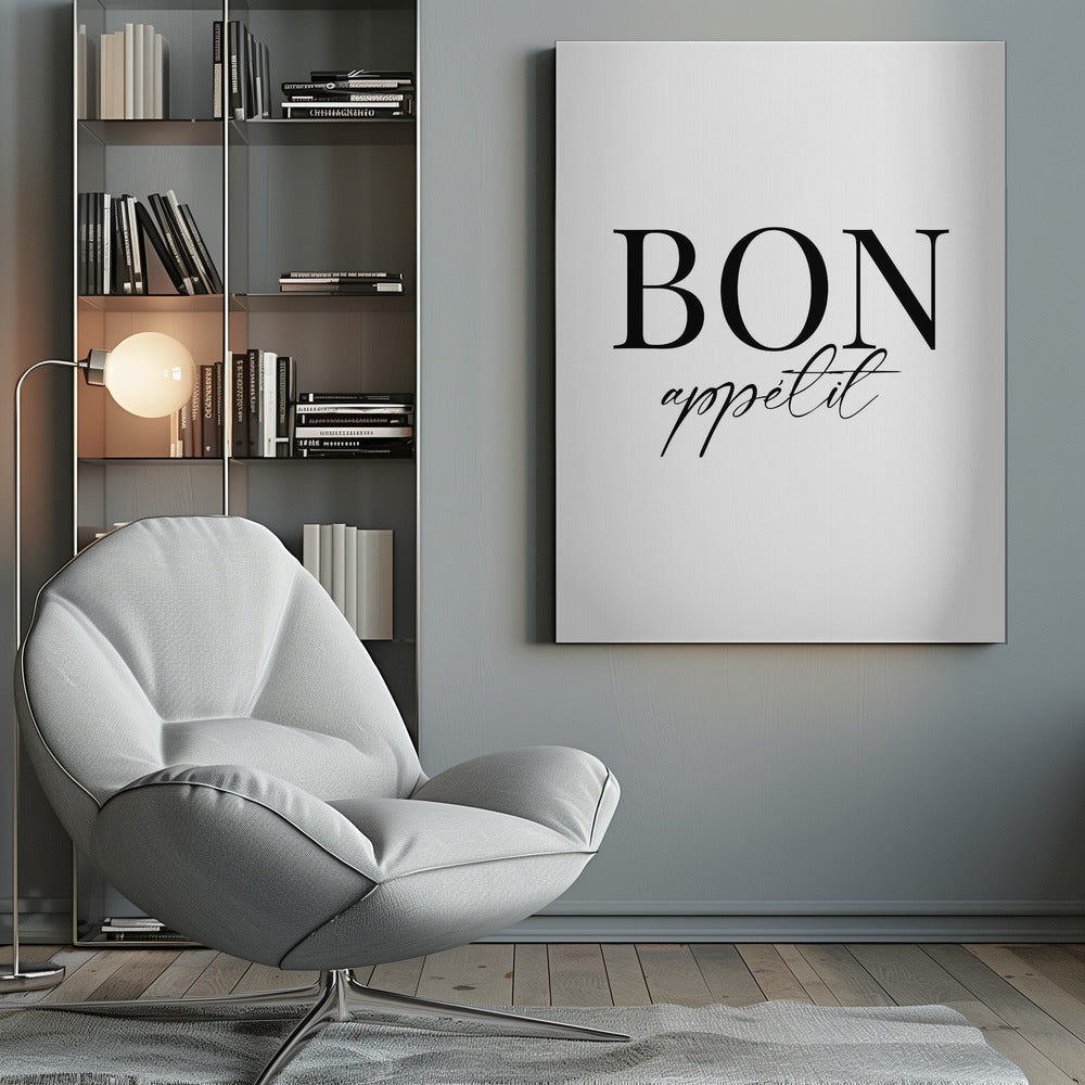 An art print titled 'Bon Appetit No 1', featuring text or imagery related to food and dining. Decor