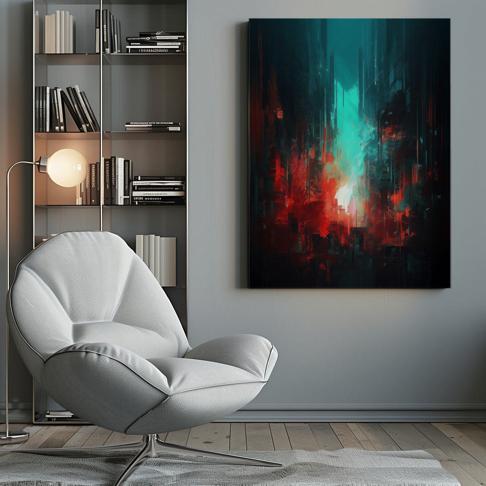 An abstract digital painting of a futuristic city. Tall, dark vertical shapes resembling skyscrapers are contrasted by a glowing teal light in the center and vibrant, chaotic red brushstrokes in the foreground, creating a moody and dramatic urban scene. Print