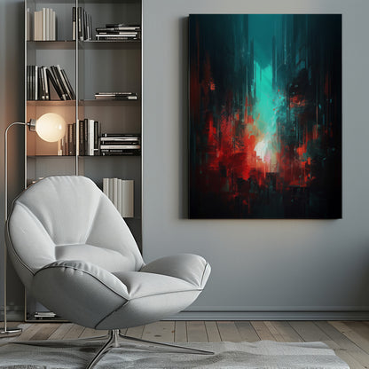 An abstract digital painting of a futuristic city. Tall, dark vertical shapes resembling skyscrapers are contrasted by a glowing teal light in the center and vibrant, chaotic red brushstrokes in the foreground, creating a moody and dramatic urban scene. Print