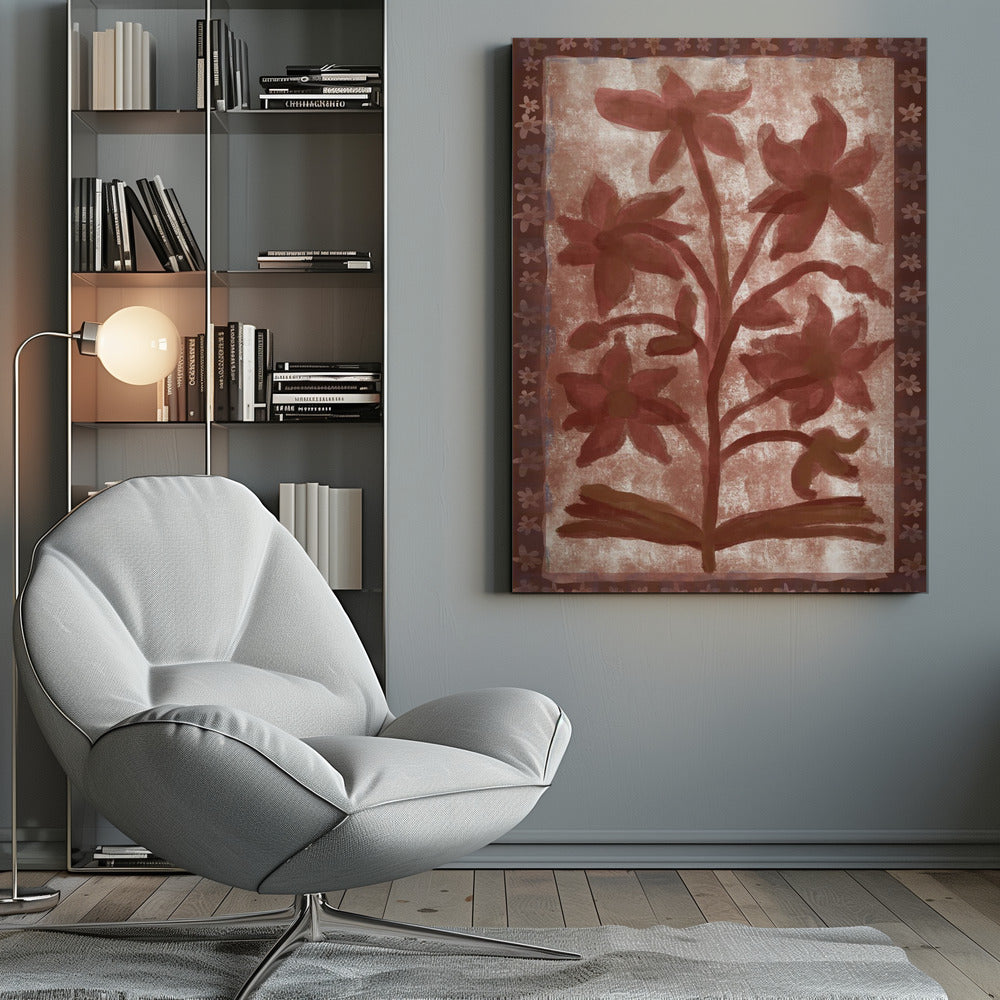 A vintage-style painting of a stylized, red-brown flowering plant with multiple blossoms on a textured beige background. The central image is surrounded by a dark brown border decorated with a repeating pattern of small flowers. The entire piece has a rustic, hand-painted aesthetic and is displayed in a thin black frame. Wall Art