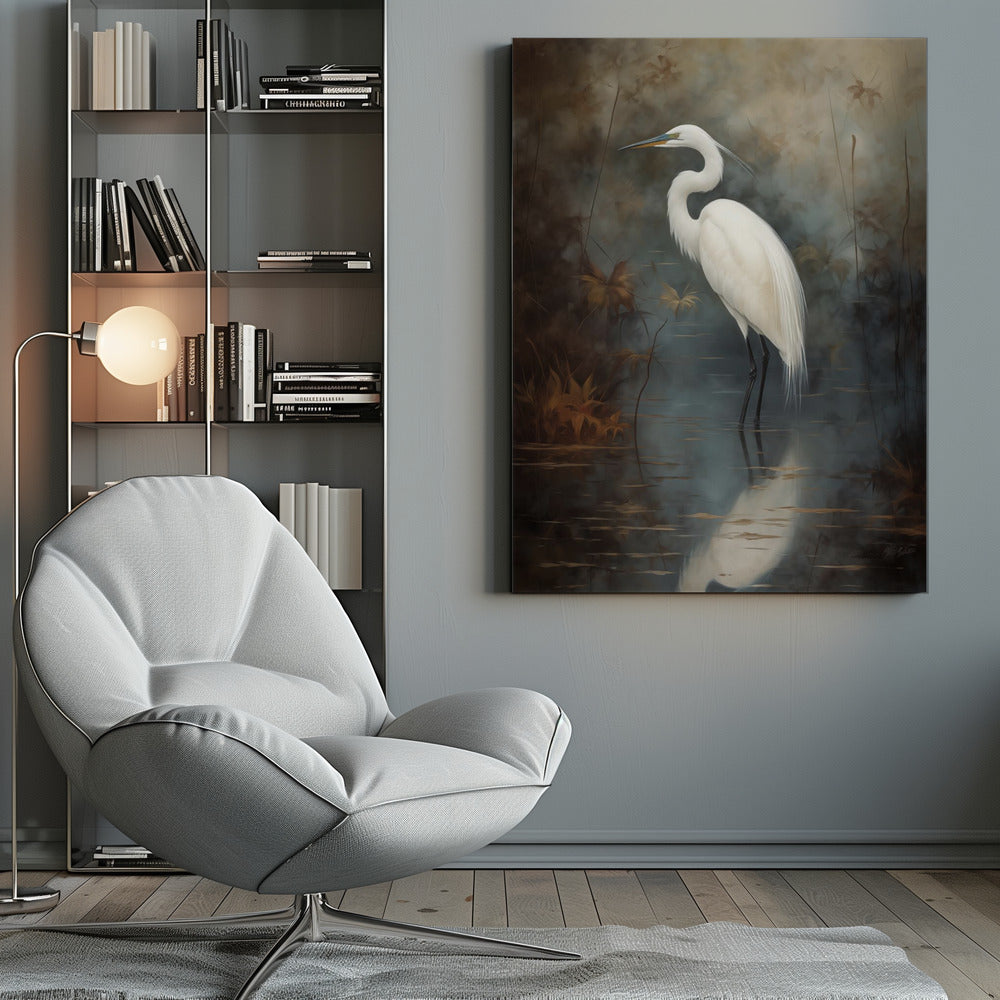 A realistic painting of a majestic white egret standing elegantly in still, dark water. Its reflection is cast below it, and the background is a moody, atmospheric marsh with muted brown and grey tones. The artwork is presented in a simple black frame. Decor