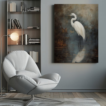 A realistic painting of a majestic white egret standing elegantly in still, dark water. Its reflection is cast below it, and the background is a moody, atmospheric marsh with muted brown and grey tones. The artwork is presented in a simple black frame. Decor
