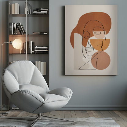 Abstract art print depicting stylized faces with a textured clay-like appearance, in warm earthy tones. Artwork