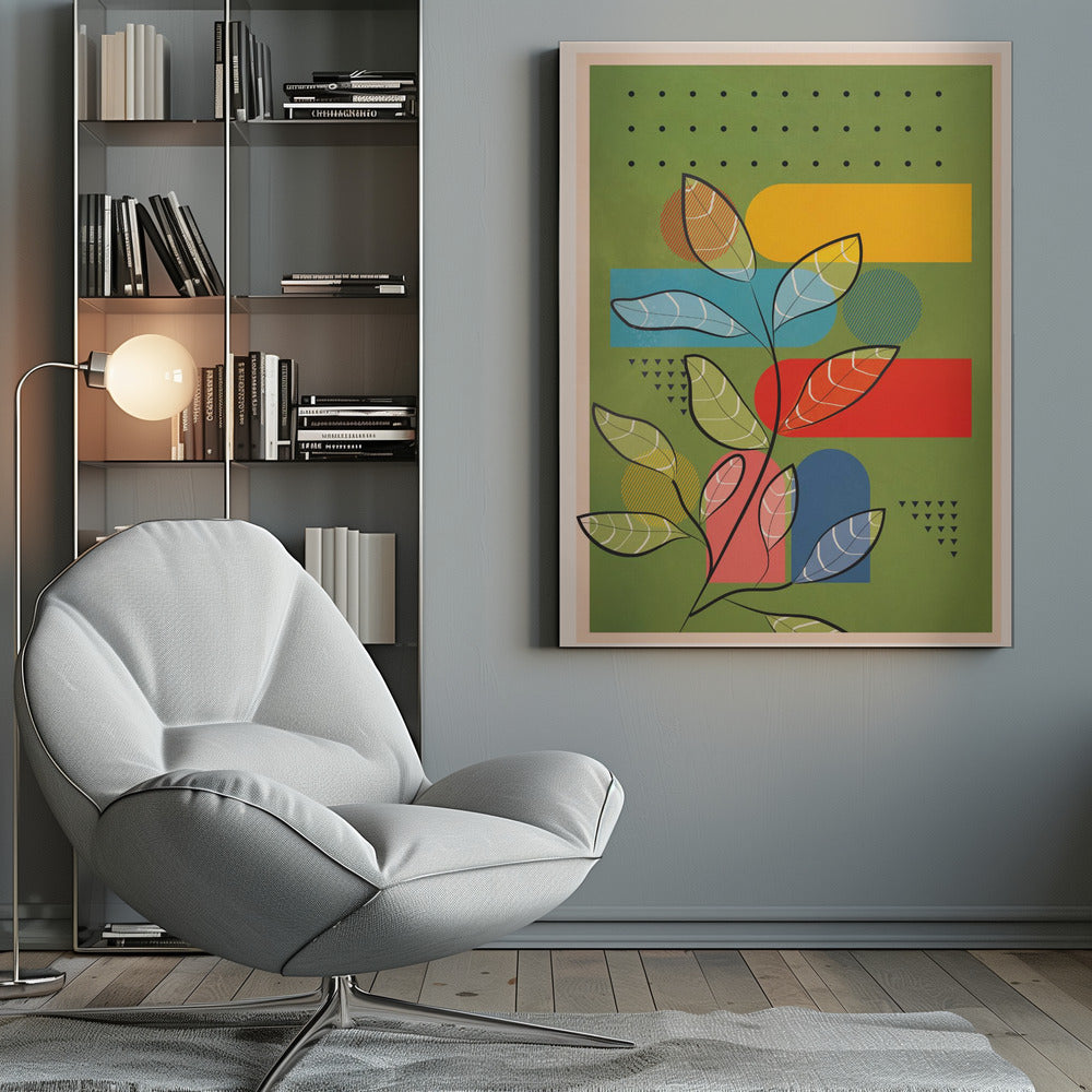 A modern abstract botanical print featuring a stylized plant with black stems and multi-colored, patterned leaves. The background is olive green and layered with bold geometric shapes in yellow, blue, and red, along with decorative patterns of black dots and triangles. The piece is shown within a black frame. Decor