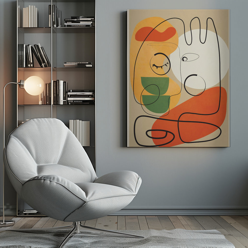 A modern abstract artwork featuring a single continuous black line that forms two stylized faces against a beige background. The composition includes colorful organic shapes in orange, yellow, green, and a large white circle, creating a minimalist and surreal feel. Wall Art