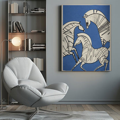 A modern, graphic illustration of three stylized zebras against a bold blue background. The zebras are off-white with thick black outlines and stripes, creating a dynamic and abstract composition. The artwork is presented within a simple black frame. Decor