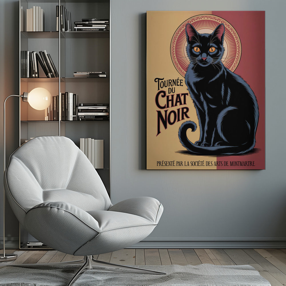 A vintage French poster titled 'Tournée du Chat Noir'. It features a large, stylized black cat with prominent orange eyes sitting against a circular, halo-like design. The background is split between pale yellow and deep red. The poster includes French text in an Art Nouveau style. Artwork