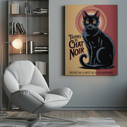 A vintage French poster titled 'Tournée du Chat Noir'. It features a large, stylized black cat with prominent orange eyes sitting against a circular, halo-like design. The background is split between pale yellow and deep red. The poster includes French text in an Art Nouveau style. Artwork