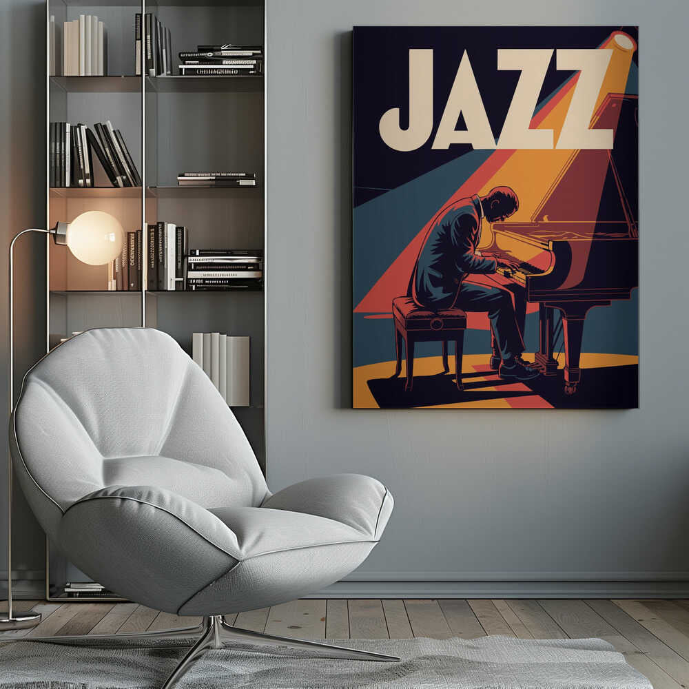 A vintage-style graphic poster featuring a man in a suit playing a grand piano under a spotlight. The word 'JAZZ' is written in large, bold, cream-colored letters at the top against a dark blue background. The color palette is dominated by navy blue, orange, red, and cream, creating a warm and dramatic atmosphere. Wall Art