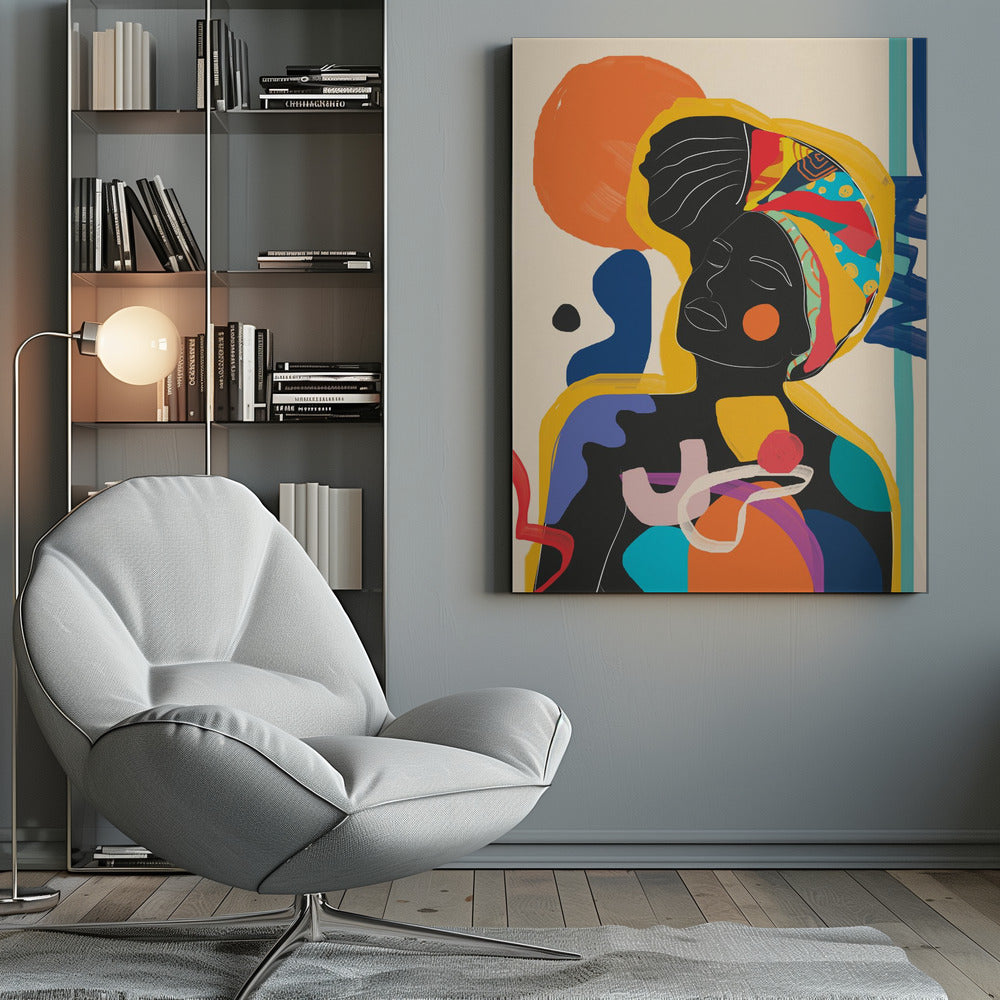 An abstract art piece featuring a Black woman with her eyes closed. Her silhouette is solid black with white line art defining her facial features. She wears a brightly colored and patterned headwrap in yellow, red, and blue. The figure is surrounded by large, organic shapes in a vibrant palette of orange, blue, purple, and red against an off-white background. Poster