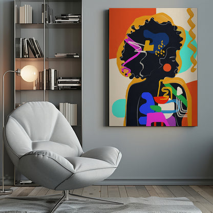 An abstract modern art portrait of a Black woman in profile, her silhouette filled with bold, colorful shapes of blue, red, green, and pink. Her large afro is adorned with abstract patterns, set against a background of orange, cream, and turquoise blocks of color. Decor