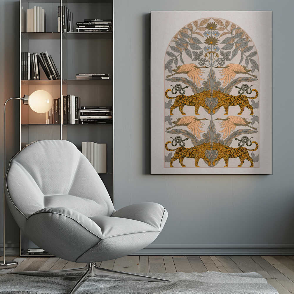 A vintage-style symmetrical illustration within a black frame, featuring mirrored pairs of leopards, snakes, and birds arranged vertically amidst stylized foliage and flowers, rendered in a muted palette of orange, sage green, and cream. Print