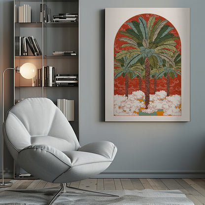 A vintage-style illustration in an arched format, featuring a grove of tall palm trees with detailed green fronds rising from a sea of stylized white clouds against a vibrant red-orange background. Print