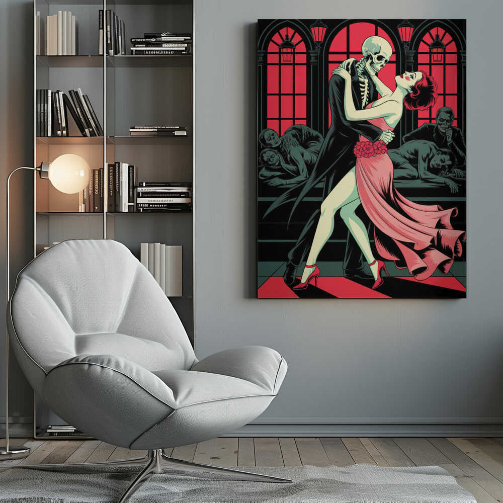 A graphic illustration depicting a skeleton in a black tuxedo dancing the tango with a woman in a flowing pink dress. The background features large, red-paned arched windows and other figures slumped over in a dark, atmospheric room. Decor