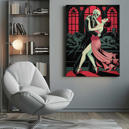 A graphic illustration depicting a skeleton in a black tuxedo dancing the tango with a woman in a flowing pink dress. The background features large, red-paned arched windows and other figures slumped over in a dark, atmospheric room. Decor