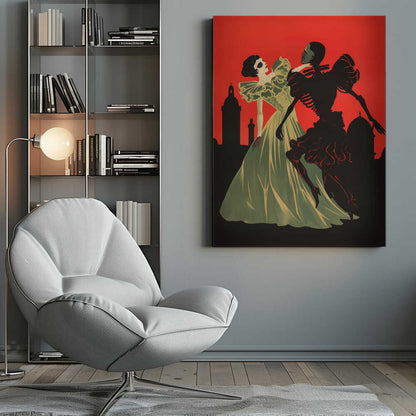 An Art Deco style illustration of a pale woman in a light green ball gown dancing with a black skeleton against a vibrant red sky. A black silhouette of a city skyline with domes and towers is visible in the background. Print