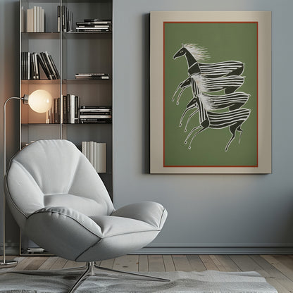 A stylized art print of three zebras running in a vertical formation against a sage green background. The zebras are black with white stripes and flowing white manes, depicted in a dynamic, graphic style. The print is framed with a terracotta and beige mat within a black frame. Poster