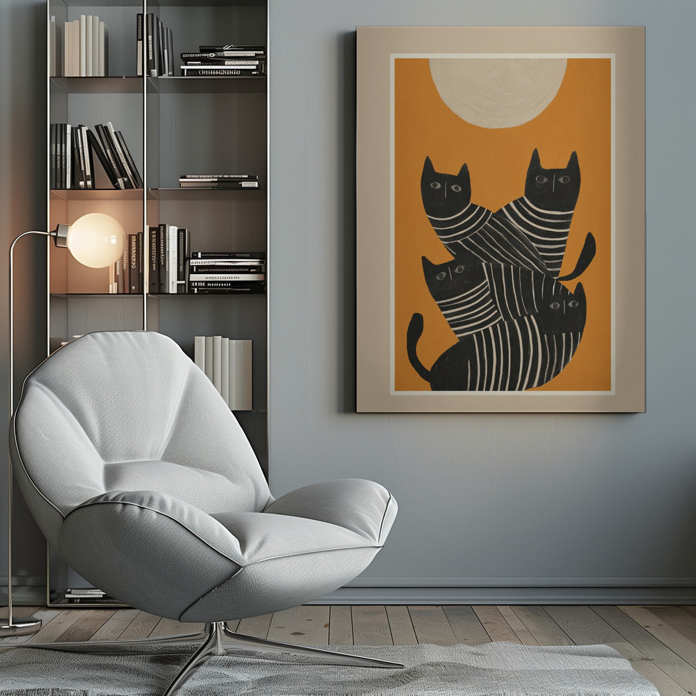 A framed art print of a stylized illustration featuring four black cats with white striped bodies stacked together. They are set against a solid orange background with a large, textured, cream-colored moon or sun at the top. Artwork