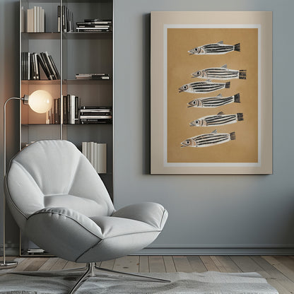A framed art print featuring six stylized, black and white striped fish arranged in a vertical column against a tan background. The fish are all facing left with their mouths slightly open. Poster