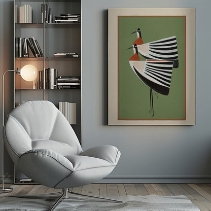 A framed art print featuring two highly stylized birds standing against a solid sage green background. The birds have boat-shaped bodies with bold black and white stripes, orange chests, and long thin black legs and beaks. Wall Art