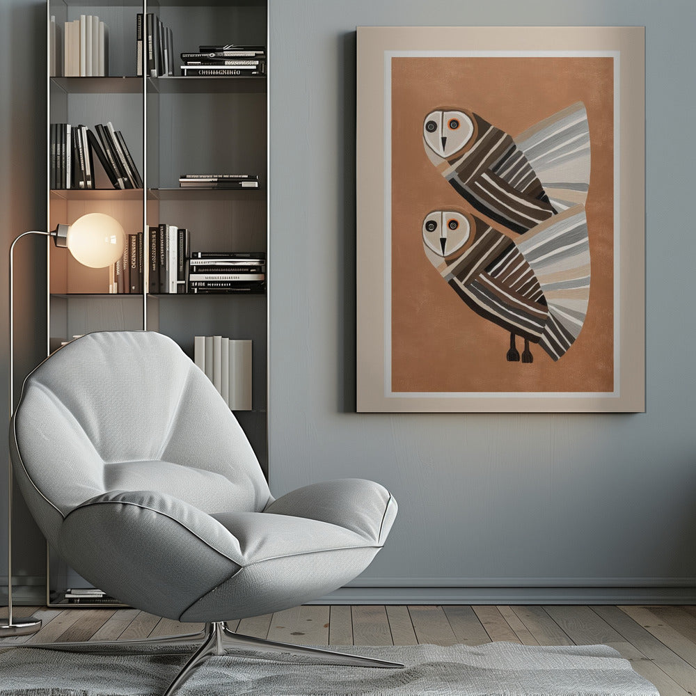 A framed modern art print of two stylized barn owls against a warm brown background. The owls are decorated with geometric stripes in shades of brown, beige, grey, and black, and have large, captivating eyes. Wall Art