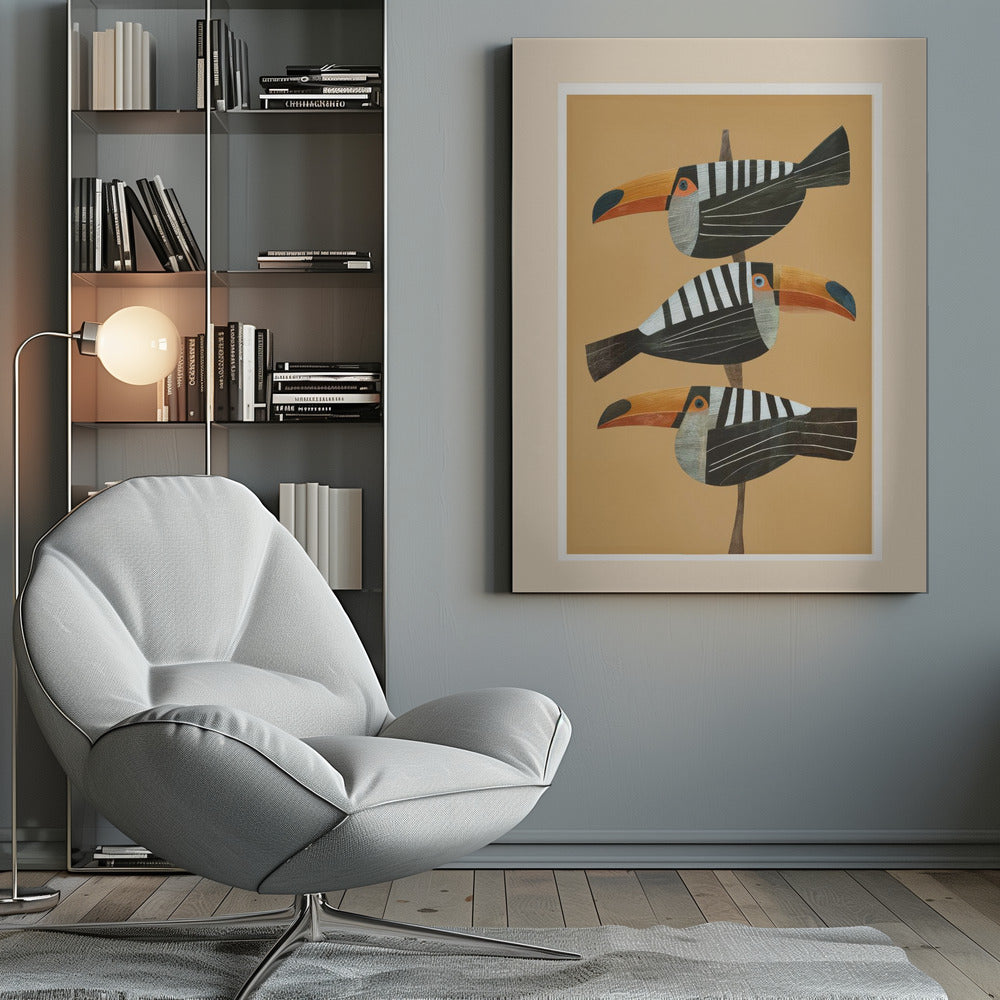A framed graphic illustration of three stylized toucans perched one above the other on a thin vertical branch. The birds, facing left, have black bodies with bold white vertical stripes, and large, vibrant orange beaks. The background is a solid mustard yellow. Decor