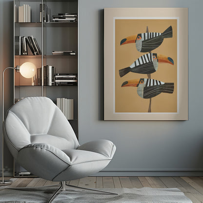 A framed graphic illustration of three stylized toucans perched one above the other on a thin vertical branch. The birds, facing left, have black bodies with bold white vertical stripes, and large, vibrant orange beaks. The background is a solid mustard yellow. Decor