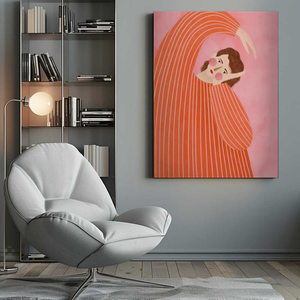 Stylized illustration of a person in a striped orange sweater stretching against a pink background.