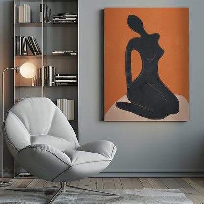 A minimalist abstract art piece featuring a solid black silhouette of a seated female figure against a textured, bold orange background. The figure is posed gracefully, sitting on a light beige, curved surface. The entire piece is enclosed in a simple black frame. Print
